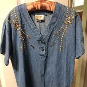 Vintage 1980s Copa Cabana Denim Blouse with Bling Women’s Size Large
